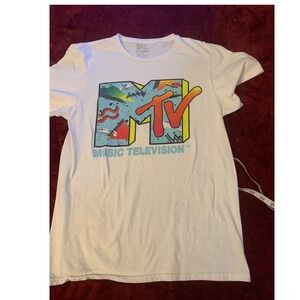 MTV Music Television Graphic T-Shirt White Retro 80s Logo Small Freeze Cotton